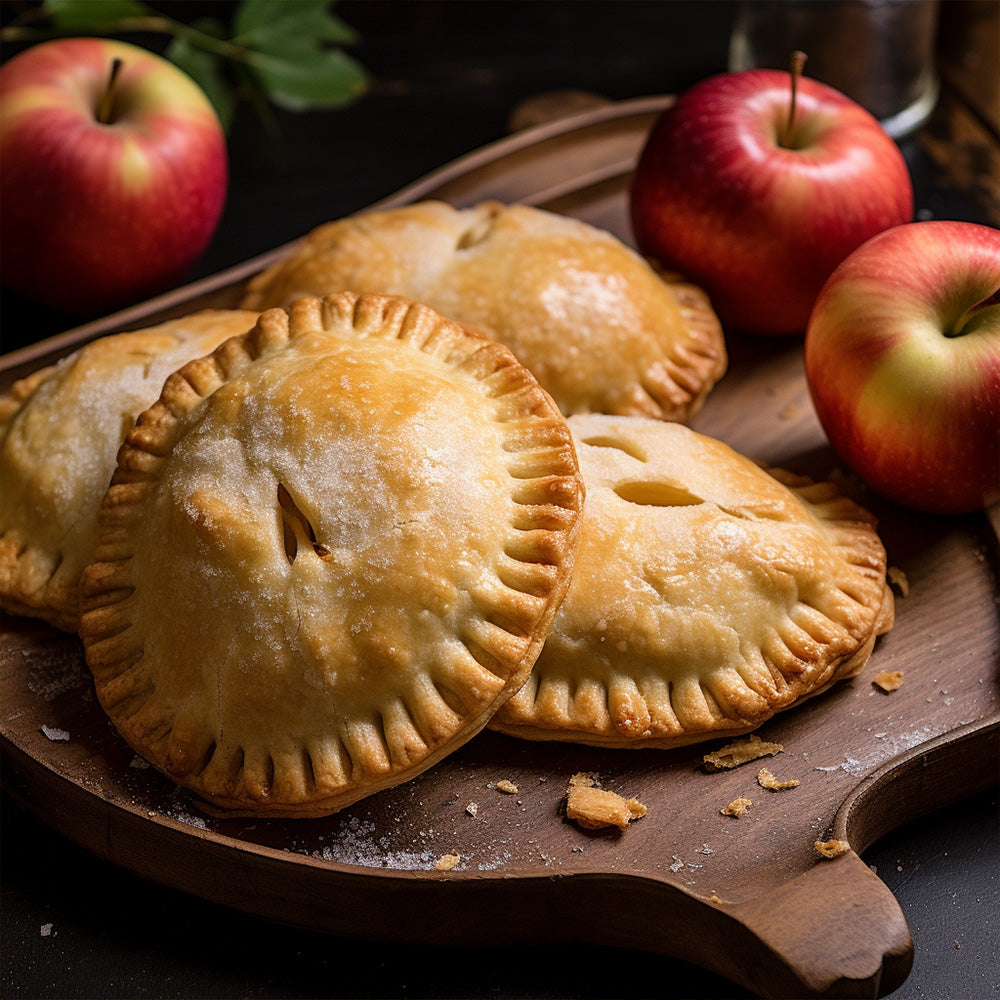 small apple pies on a rustic wood cutting board