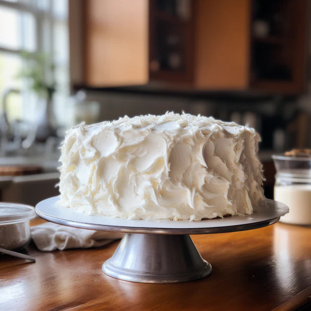 cake on a cake platter in a kitchen decorated with fluffy white frosting