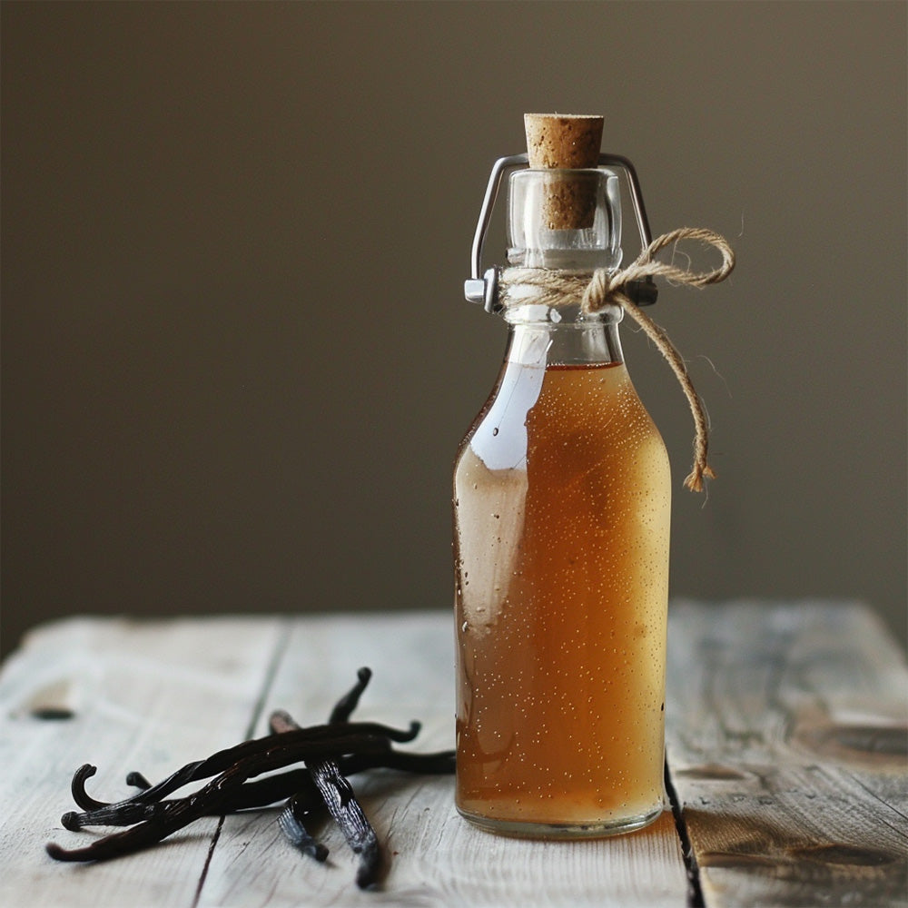 Bottle of simple syrup with vanilla beans next to it