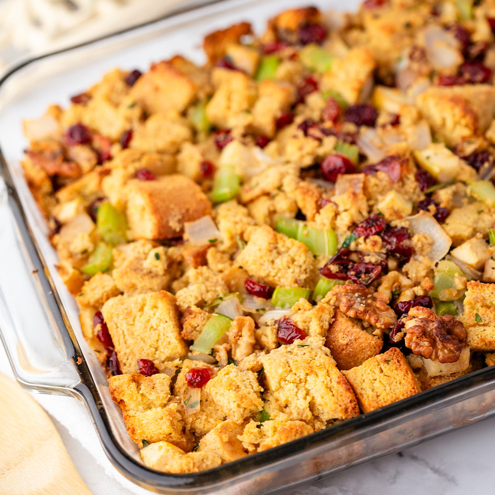 Glass dish of cornbread stuffing